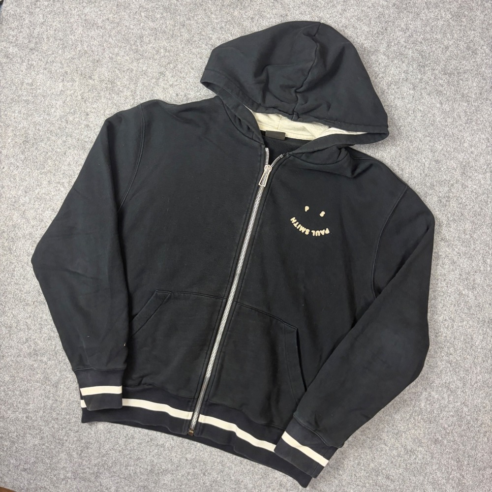 PS Paul Smith Mens Smiley Face Full Zip Hoodie Black Varsity Stripe Medium